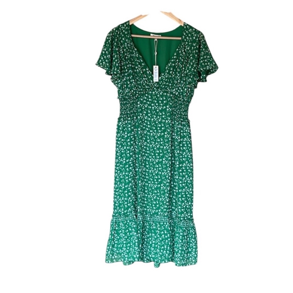 Max Studio Green Ditsy Floral Flutter Sleeve Ruffle Midi Dress Medium - Picture 3 of 6